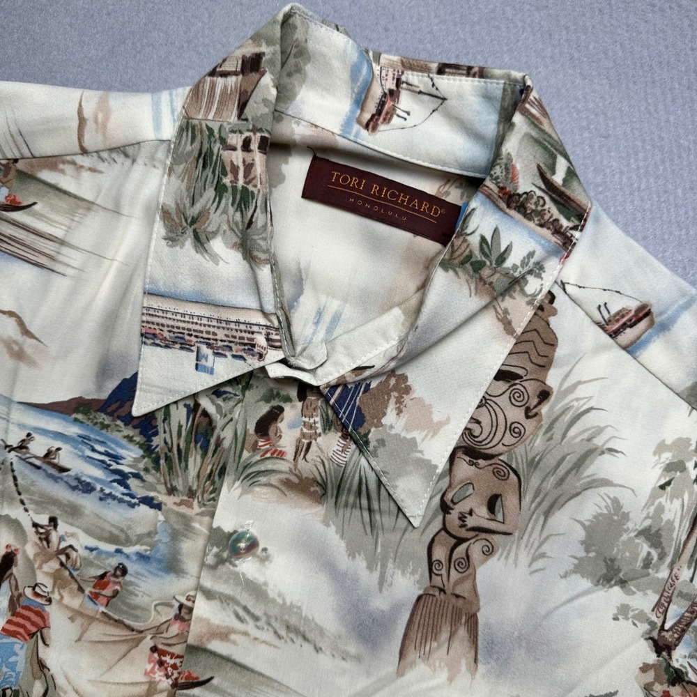 Tori Richard Shirt Mens M Cream Scenic Tiki Island Print Viscose 0403-3509